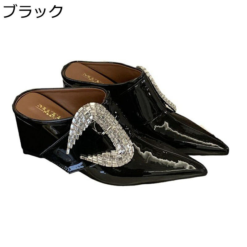 ミュールパンプス 伝達ルート石ころ レディースパンプスウェッジ エナメル ポインテッドトゥ 下駄 春 夏 出で立つ家庭用スリッパ 兼ね合い感 かっこ良い かっこ良い ご馳走 会う約束 出で立つ 通い スリッパ・ルームシューズ-生活雑貨