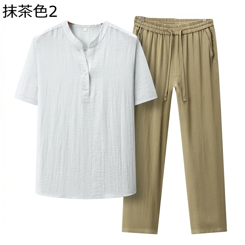 綿麻 セットアップ メンズ 夏 上下仕掛ける 半袖 ヘンリー素っ首 プルオーバー ロングズボン下 御部屋着 御部屋御召しもの ゆったり 冷やりとした 通気性 吸汗速乾 好いたらしい 心地好い パジャマ 成人男性