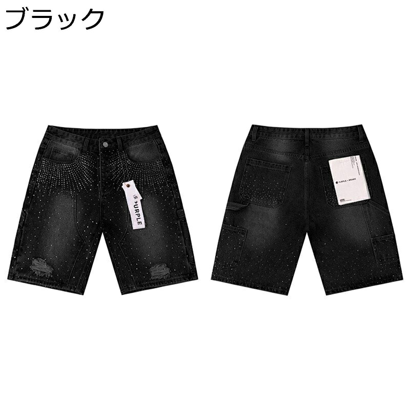 メンズ デニムパンツ 五分丈 半ズボン ショートパンツ ラインストーン飾り キラキラ ゆったり オシャレ 薄手 やわらかい コーデやすい 春夏秋 カジュアル お出掛け アウトドア 街着｜あいあいロジスティック