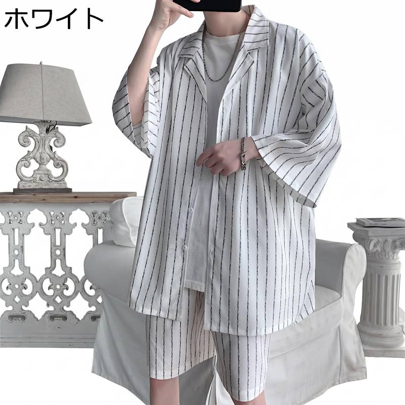 セットアップ メンズ 上下仕掛ける 縞模様 プルオーバー 二分の一ズボン下 厚地の外套大きさ ビッグ影ぼうし 五分袖 開襟 心地好い 系 ゆったり 冷やりとした 遊撃手ズボン下 2点 春 夏 御部屋着 出かける 好いたらしい 通気性