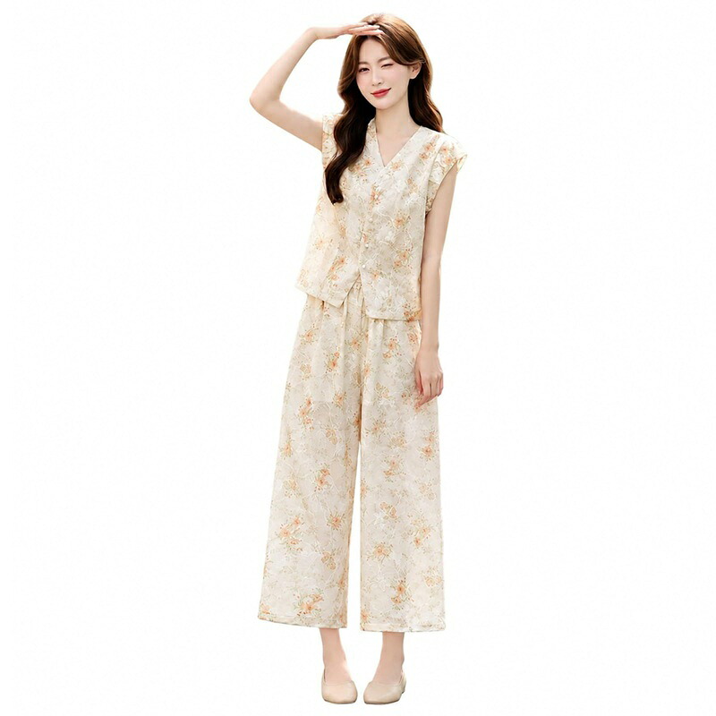 レディース セットアップ 花柄 上下セット Vネック ノースリーブ ワイドパンツ きれいめ 大人 カジュアル 夏服 体型カバー 着痩せ おしゃれ 涼しい 通勤 旅行 お出かけ|あいあいロジスティック