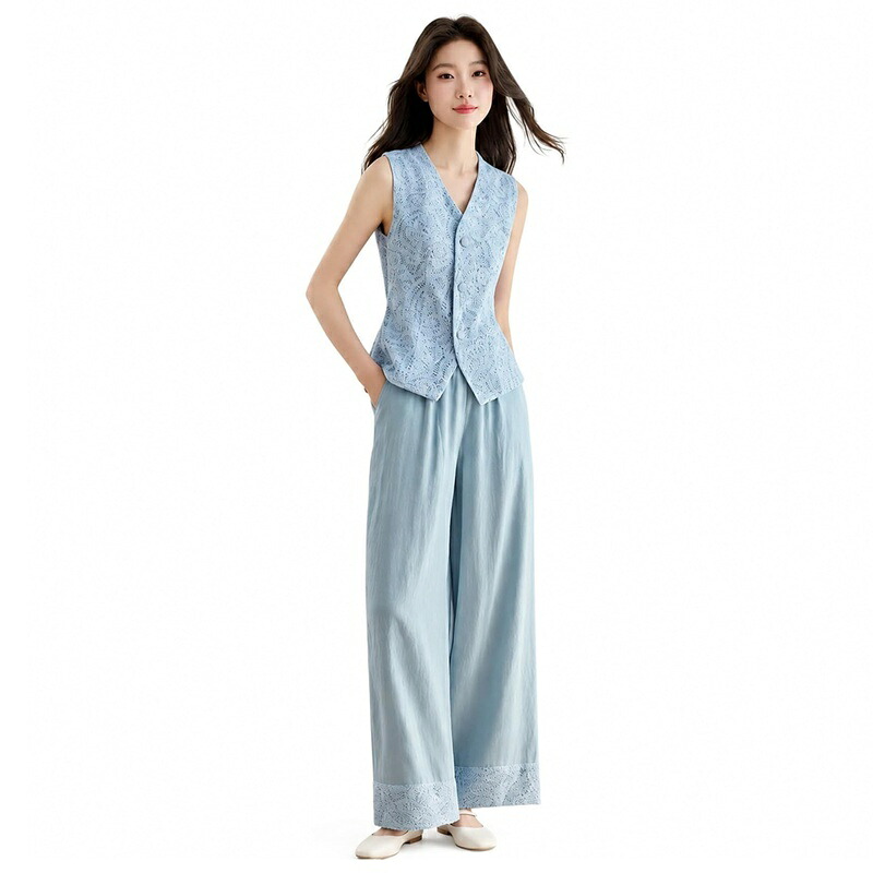 セットアップ レディース 夏 体型カバー 着痩せ ノースリーブ ベスト ジレ レース ワイドパンツ ロングパンツ 2点セット カジュアル きれいめ オフィス 通勤 お出かけ 旅行 大きいサイズ ゆった|あいあいロジスティック