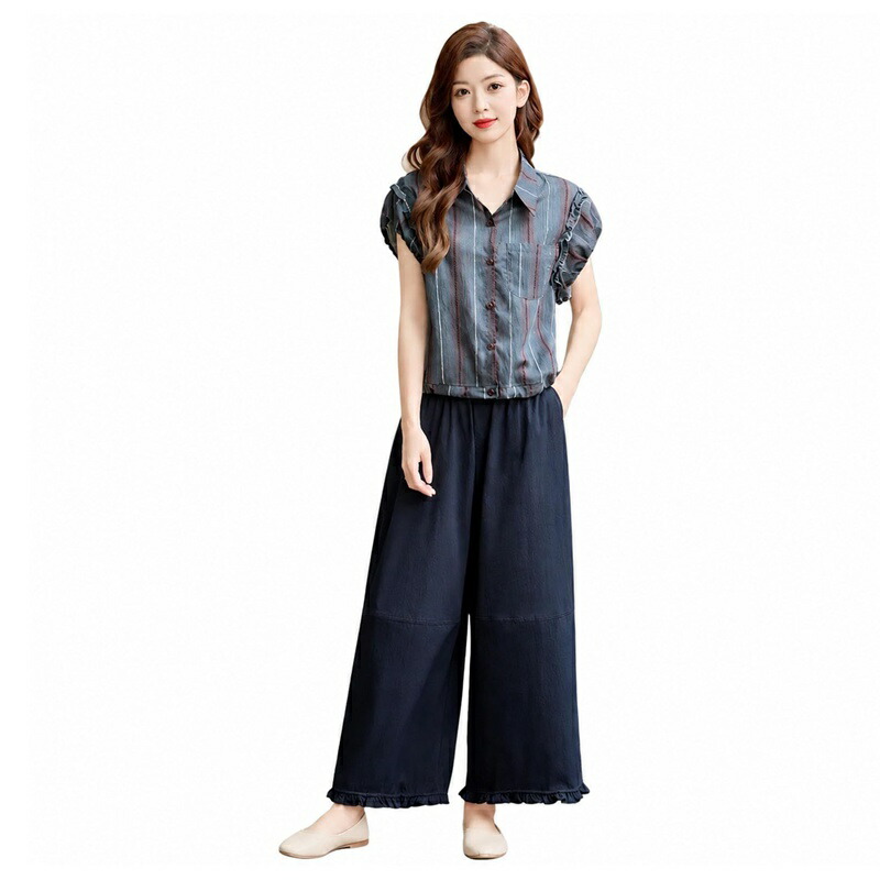 セットアップ レディース 夏服 体型カバー 着痩せ 細見え 半袖シャツ 9分丈 ワイドパンツ 2点セット ゆったり 襟付き ストライプ 上品 カジュアル 通勤 お出かけ 普段着 大きいサイズ｜あいあいロジスティック