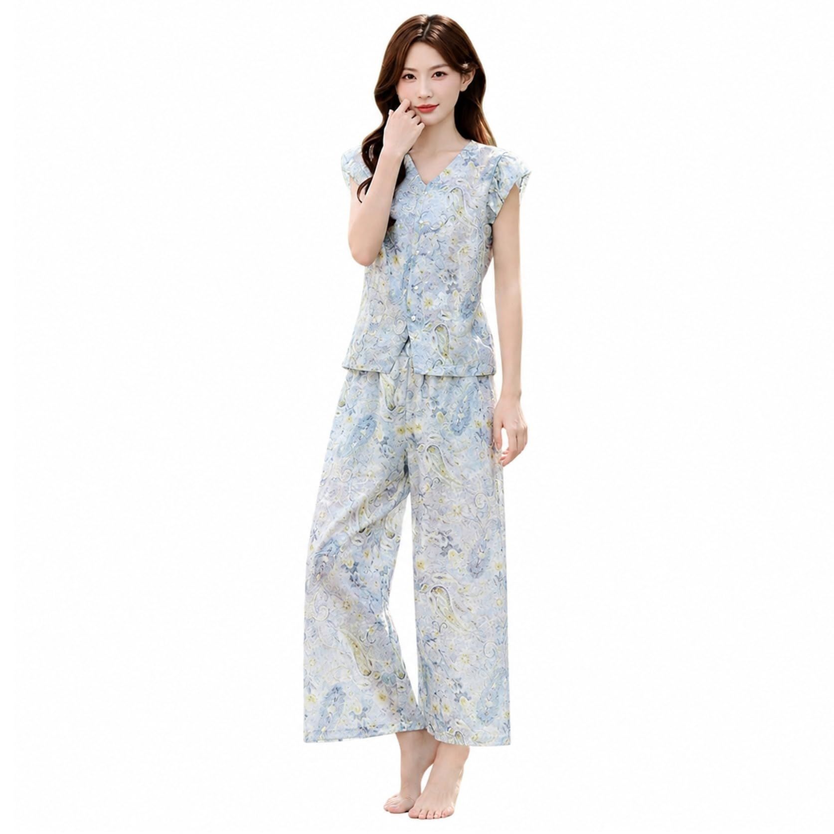 レディース セットアップ 花柄 上下セット Vネック ノースリーブ ワイドパンツ きれいめ 大人 カジュアル 夏服 体型カバー 着痩せ おしゃれ 涼しい 通勤 旅行 お出かけ|あいあいロジスティック