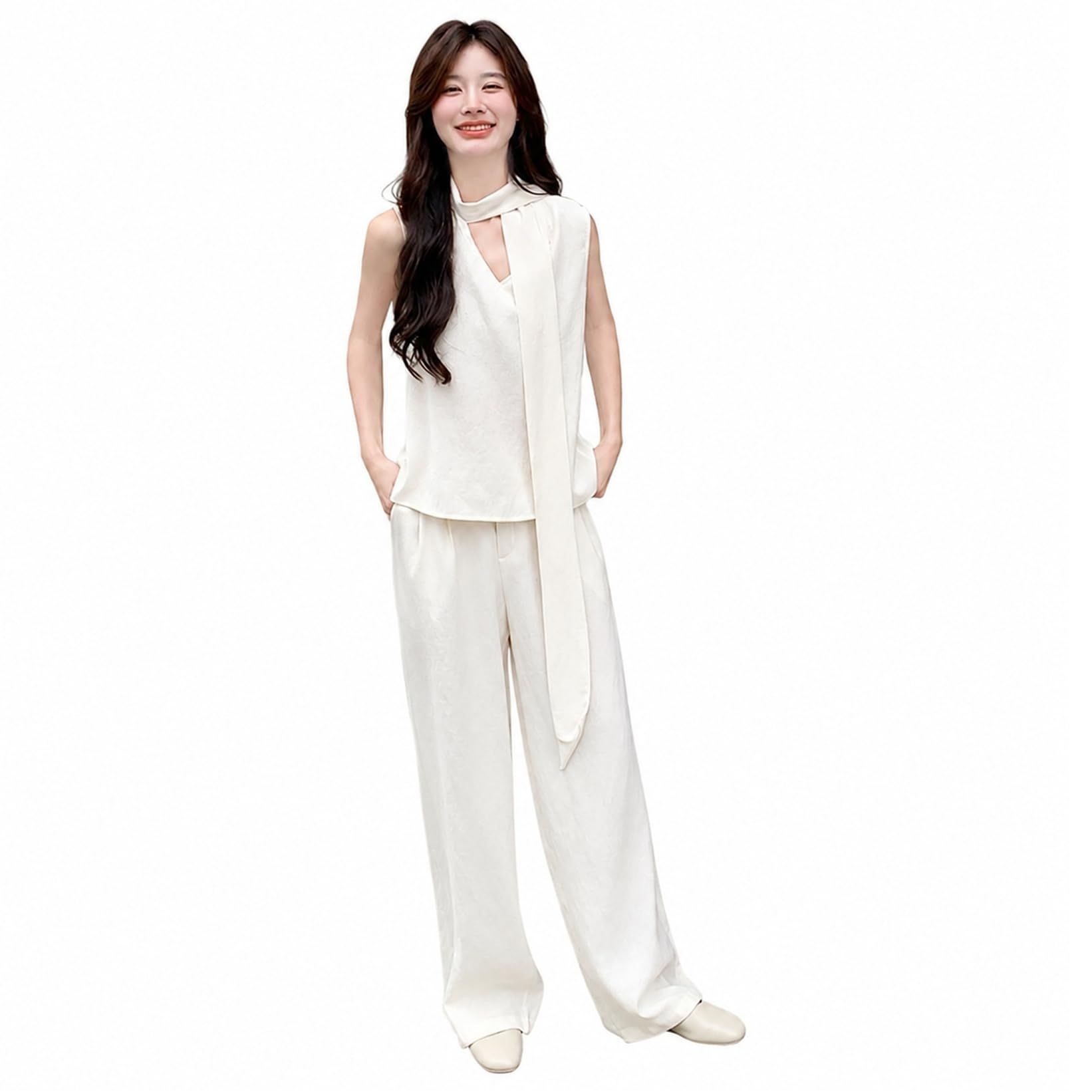 セットアップ レディース 夏 体型カバー 着痩せ ワイドパンツ ノースリーブ ボウタイ リボン きれいめ 上品 オフィス 通勤 お出かけ ゆったりサイズ カジュアル 大人可愛い 二点セット|あいあいロジスティック
