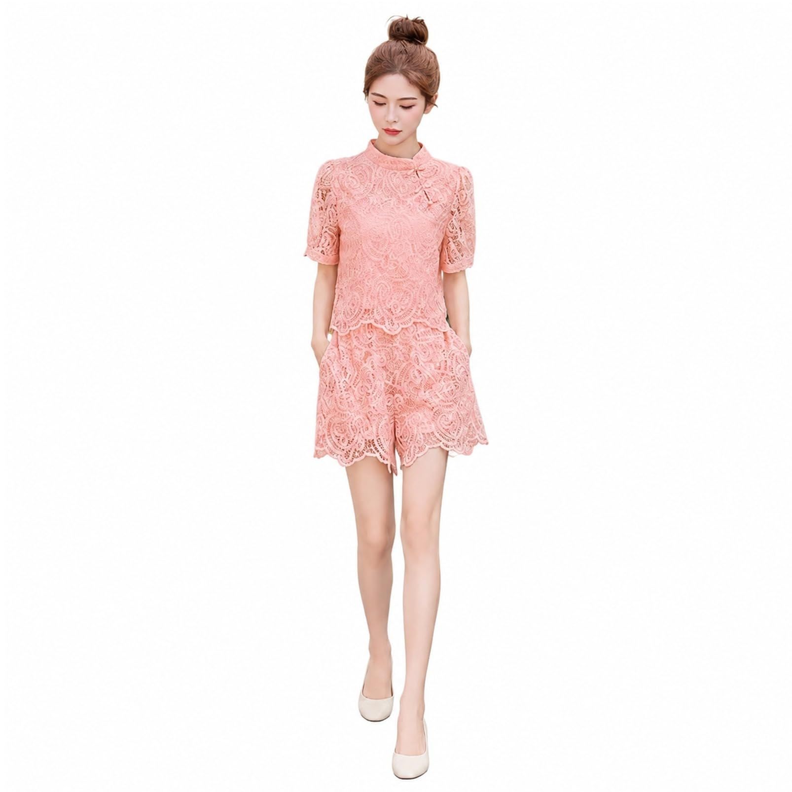 レース セットアップ レディース 上下セット チャイナ風 半袖 2点セット 夏服 体型カバー おしゃれ 大人可愛い お呼ばれ デート服｜あいあいロジスティック