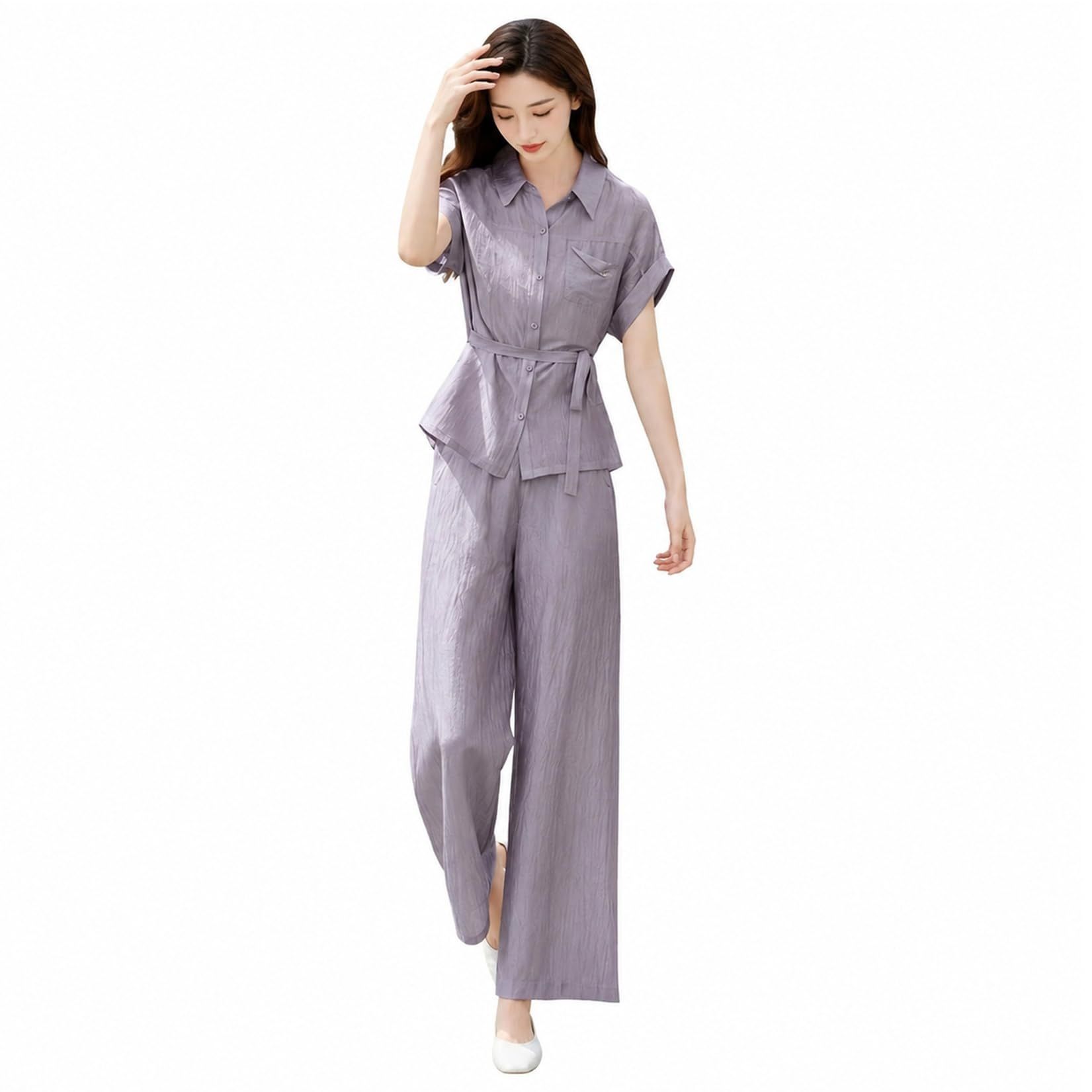 レディース セットアップ 半袖 夏服 上下セット ゆったり 体型カバー 着痩せ シャツ ワイドパンツ ロングパンツ 薄手 涼しい カジュアル きれいめ お出かけ 通勤 普段着 大きいサイズ|あいあいロジスティック