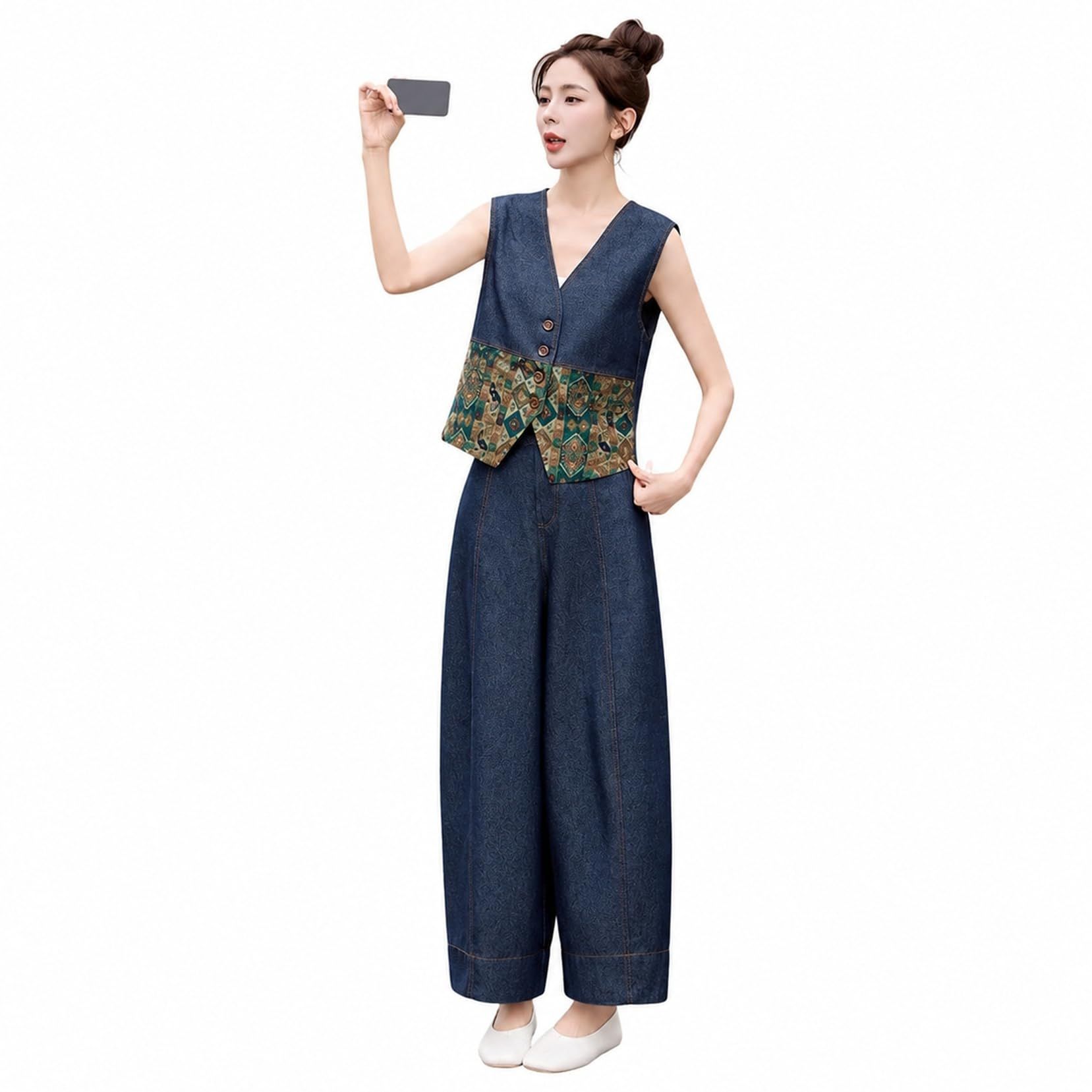 デニム セットアップ レディース 体型カバー ワイドパンツ ノースリーブ ベスト 上下セット エスニック柄 切り替え カジュアル 夏服 おしゃれ ゆったり 大きいサイズ|あいあいロジスティック