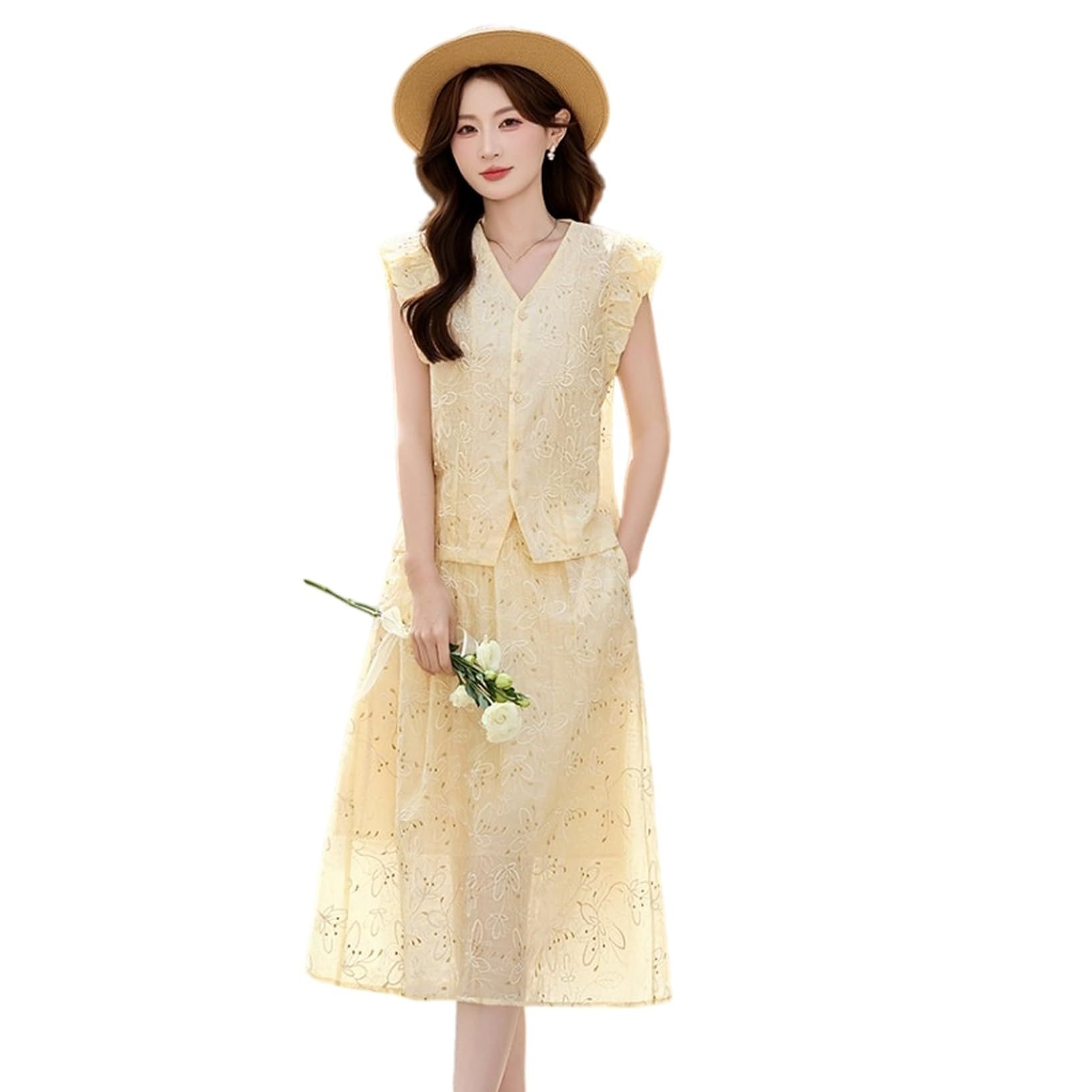 夏セットアップ レディース 上下2点セット トップス&ロングスカート 夏服 ノースリーブ Vネック ゆったり 体型カバー 着痩せ カジュアル オフィス お出かけ 30代 40代 50代 大人 エレガン|あいあいロジスティック