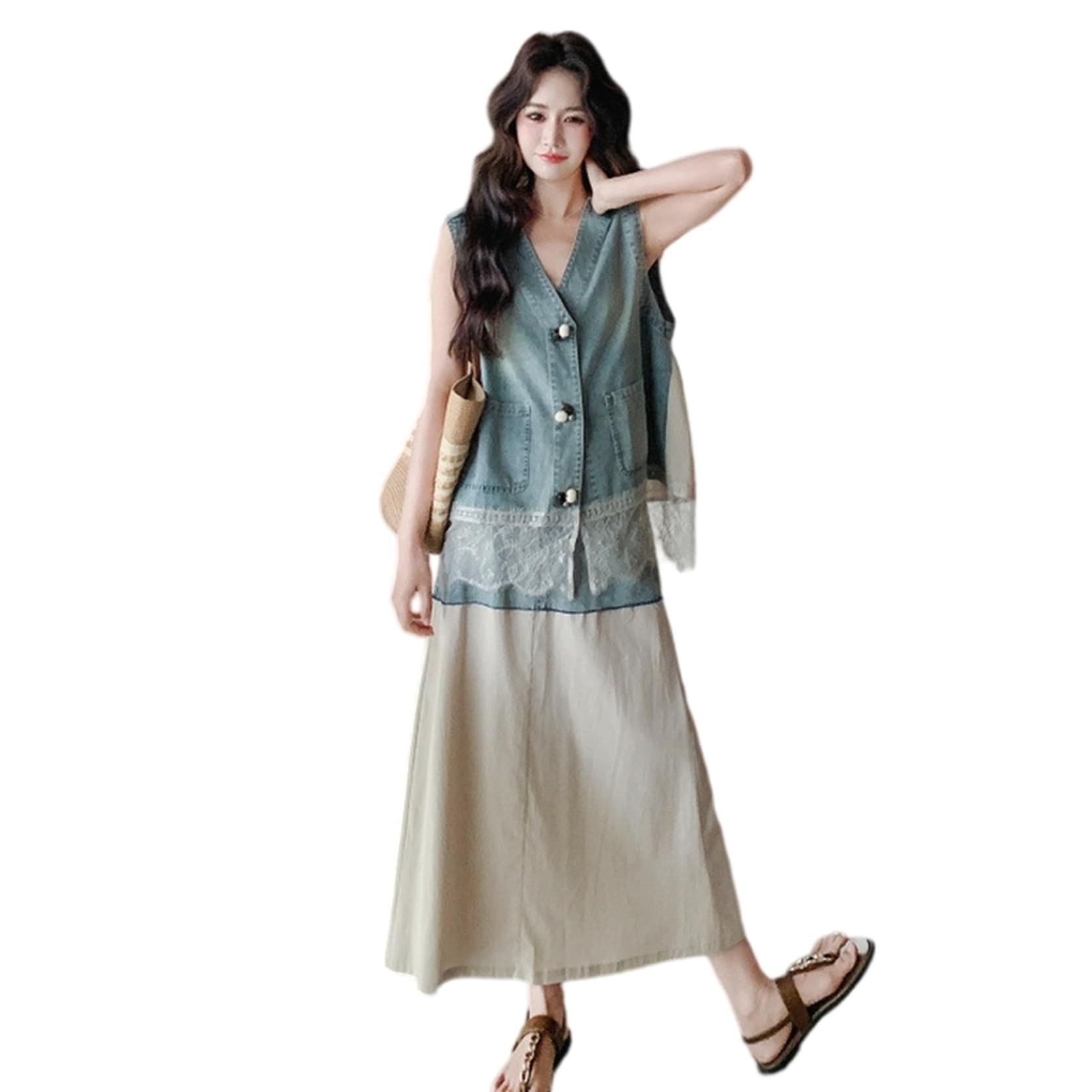 レディース セットアップ デニム ベスト ロングスカート 上下２点セット 夏服 マキシ丈 ノースリーブ 大人 可愛い オフィス カジュアル ゆったり 体型カバー おしゃれ OL 日常着 オシャレ リゾ｜あいあいロジスティック