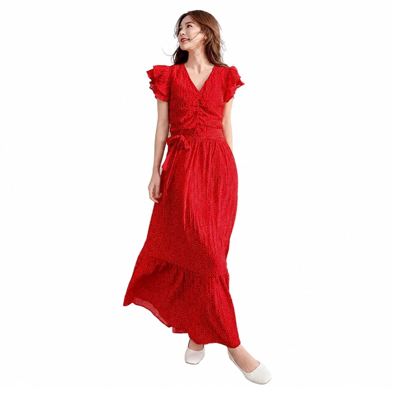 ロングワンピース レディース Vネック フリル袖 ドット柄 Aライン 着痩せ 体型カバー きれいめ 大人可愛い 夏服｜あいあいロジスティック