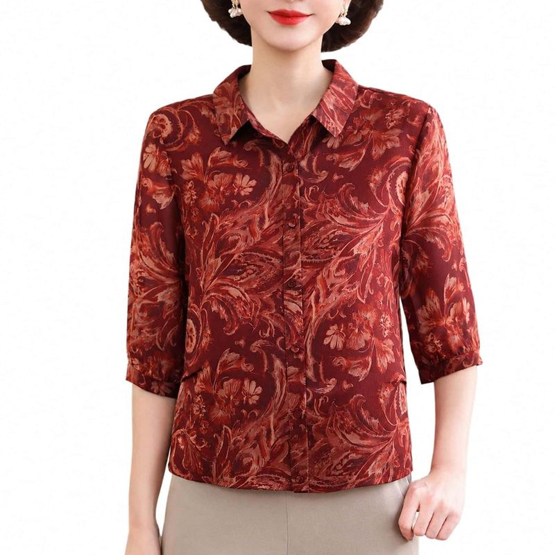ブラウス 七分袖 体型カバー レディース シャツ 春夏 総柄 襟付き フロントボタン トップス ミセス 服 50代 60代 70代 おしゃれ 普段着 お出かけ 通勤 きれいめ ゆったり｜あいあいロジスティック