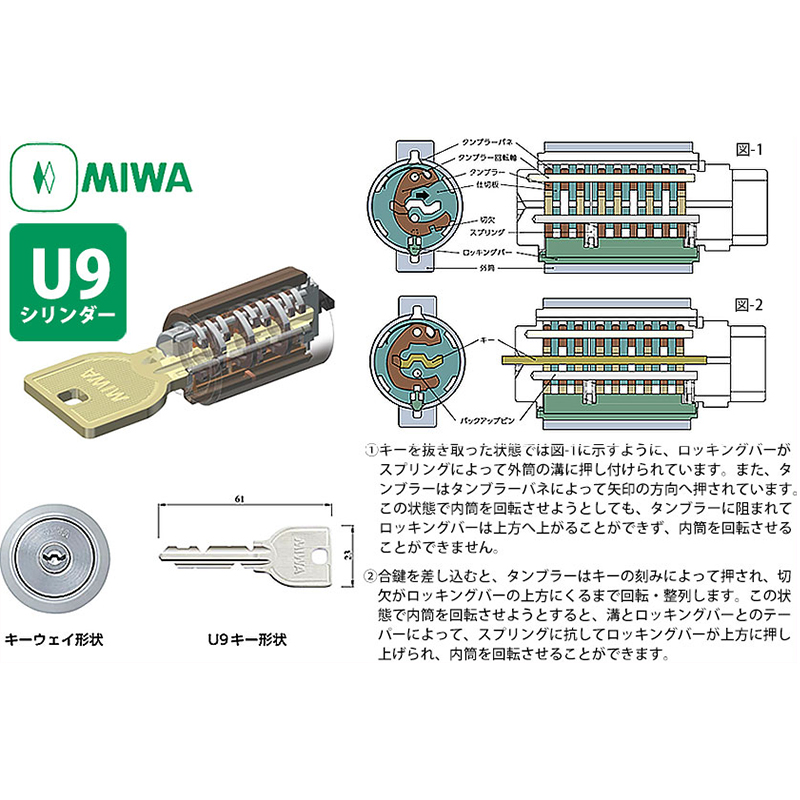 MIWA 美和ロック 鍵 TE24 TE0 QDC 交換用U9シリンダーLSP MCY-436 LE0 手順書付 ST色 2個同一キー PESP LSP