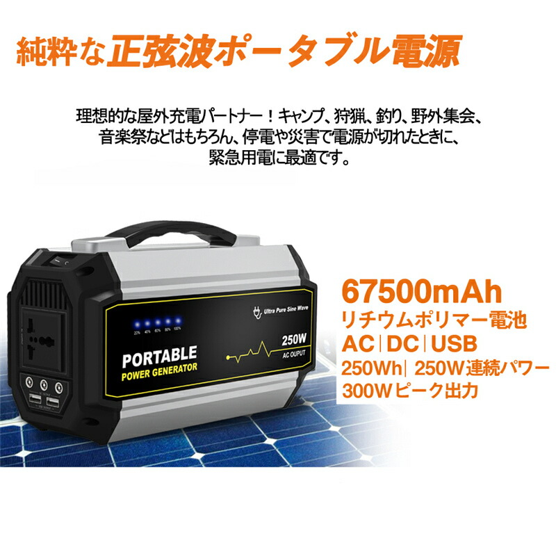 ポータブル電源 大容量67500mAh 250Wh ゆうパケット 純正弦波 カーチャージャー PSE認証済 ポータブル AC 送料無料 家庭用蓄電池  3つの充電方法 ソーラー充電 USB出力 DC 電量表示