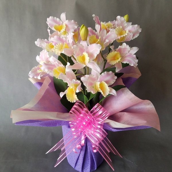 造花アーティフィシャル カトレアM-黄ピンク 3株入り　高さ35cm×巾20cm 造花・光触媒