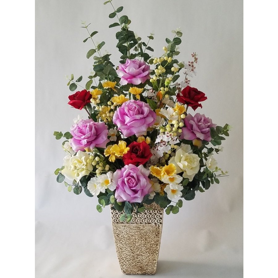 黄バラMIXアレンジ 造花 (高75×幅50)光触媒コーティング｜インテリア 