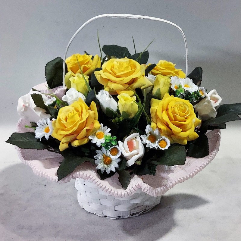 黄バラMIX（バスケット）（造花）規格　高25×幅28 /光触媒