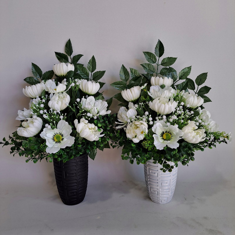 仏花白仕上・花立て付/1対（２個）【造花】約高４５×幅２５・光触媒 お供え お自責の念 お覚悟 御盆