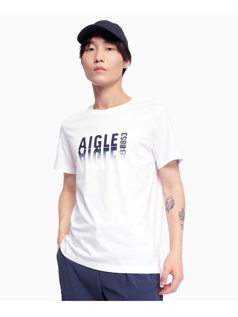 【SALE／30%OFF】吸水速乾 グラフィックロゴプリント 半袖Tシャツ AIGLE エーグル トップス カットソー・Tシャツ ネイビー ホワイト ブルー【RBA_E】【送料無料】[ Fashion]