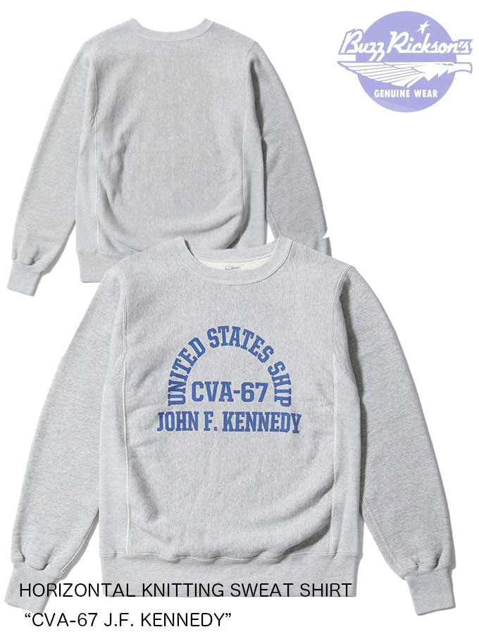 BUZZ RICKSON'S(バズリクソンズ) HORIZONTAL KNITTING SWEAT SHIRT “CVA-67 J.F. KENNEDY” Lot.BR69645-113) H.GRAY SIZE S/M/L/XL/XXL [定番品][2025FW]