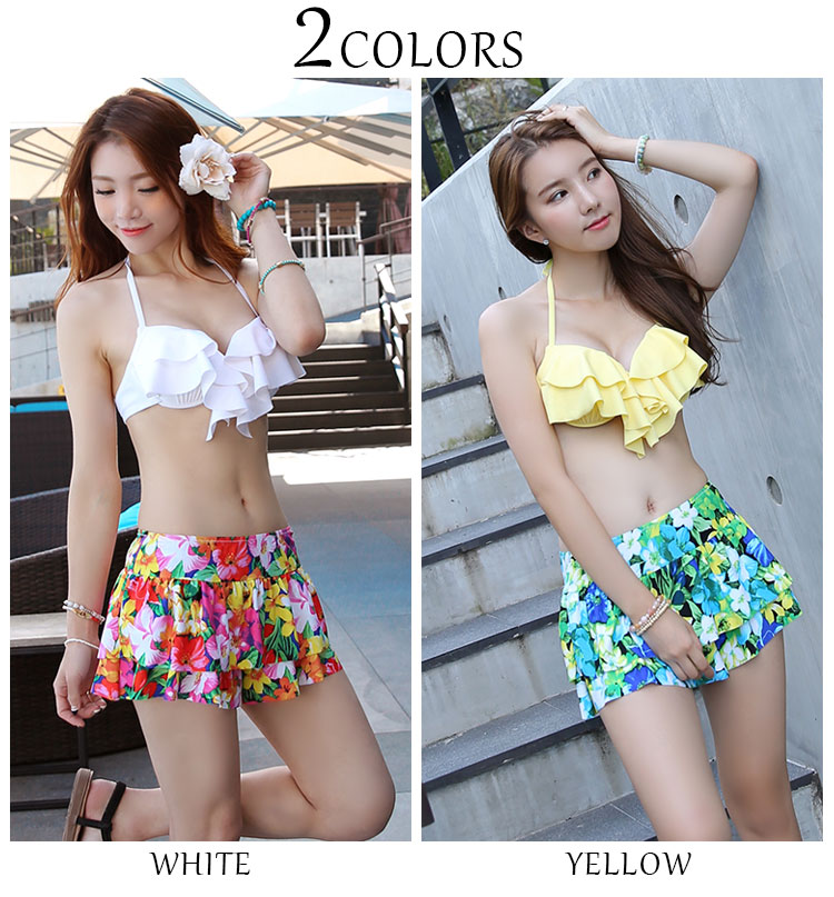 在庫限り1000円 ビキニ水着 ショートパンツの3点セット水着 レディース ビキニ 3点セット ショートパンツ ショーパン レディース水着 女性用 みずぎ ママ水着 イエロー ホワイト 胸カバー フリル フレア 花柄 S M L あす楽対応 上下別 柄 H Crunchusers Com