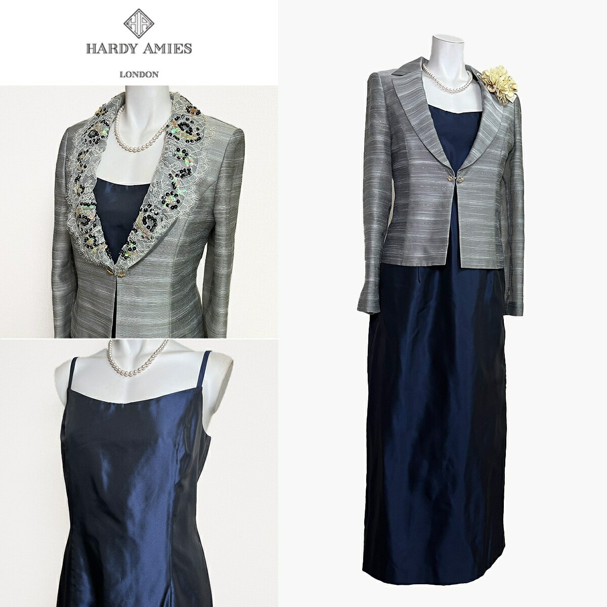 【中古】【 HARDY AMIES / 薄墨色\u0026米国海軍 】 ハーディエイミス 儀式用 レディース フォーマル 礼服 衣装 卒式 御芽出度 フォーマルワンピース レディースフォーマル レディース オール時節 上衣 衣装 9 号 セットアップ 入園式 卒園式 冠婚葬祭