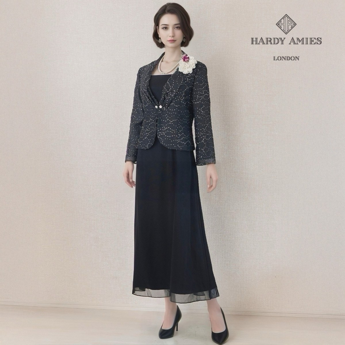 【中古】【 HARDY AMIES Black Label / ブラック 】 ハーディエイミスブラックレーベル セレモニー レディース ジャケット ワンピース 卒業式 結婚式 フォーマルワンピース レディースフォーマル オールシーズン 11 号 セットアップ 入園式 卒園式 冠婚葬祭 学校行事