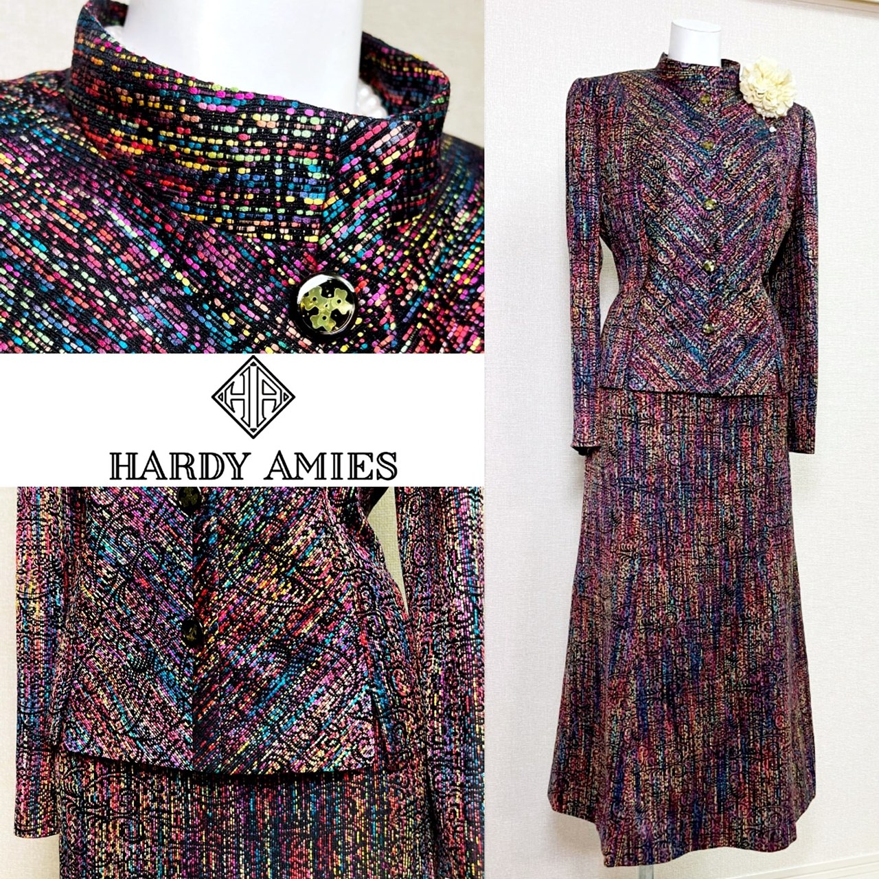【中古】【 HARDY AMIES  BOUTIQUE / マルチ色つや 】 ハーディエイミス ブチック 御祝い 上衣 ロングスコート レディース背広 フォーマル 礼服 卒式 レディースフォーマル 11 号 御祝い背広 スコート背広 セットアップ 入園式 卒園式 授業時間催し物