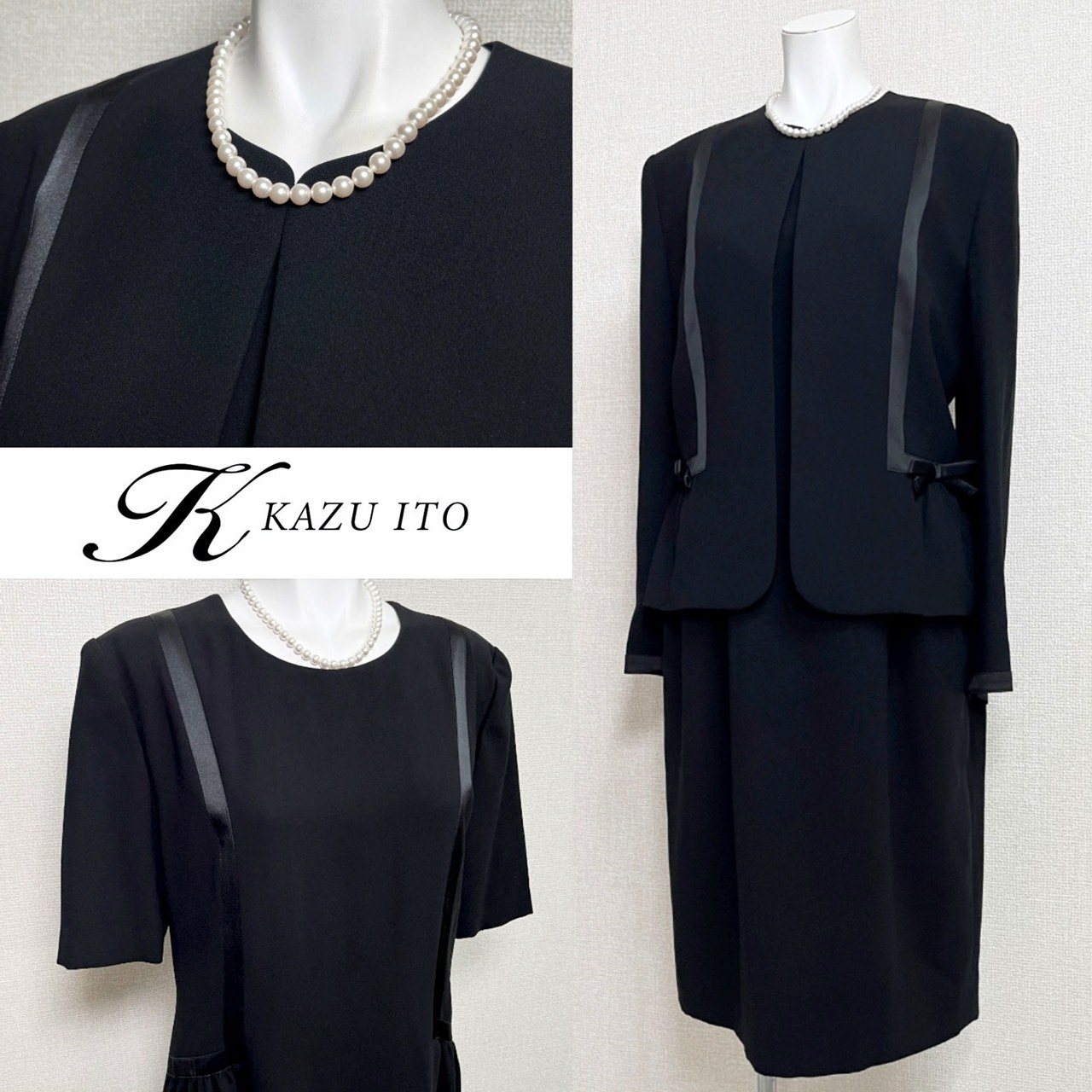 【中古】美品 KAZU ITO カズイトウ 喪服 11号 ブラックフォーマル シルク混 リボン ペプラム アンサンブル ノーカラー ジャケット ワンピース レディース 礼服 日本製 喪主 親族 葬式 葬儀 告別式 家族葬 卒業式 式典 慶弔両用|AiColle