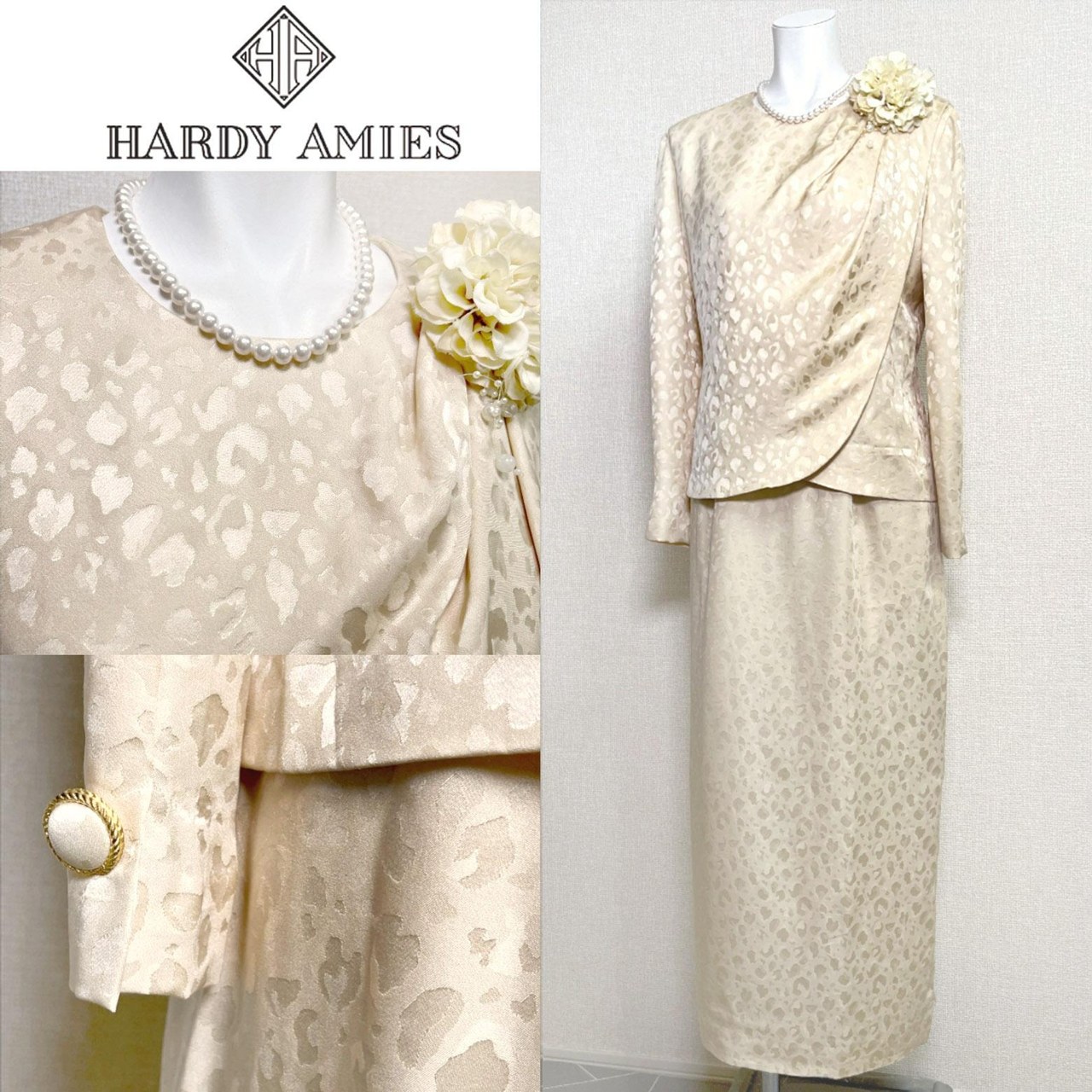 【中古】美品 Hardy Amies ハーディエイミス 9号 セレモニーワンピース シルク100% アイボリー 日本製 ロング丈 サテンジャガード アシメドレープ レディース 結婚式 パーティー 発表会 お食事会 演奏会 式典 フォーマル マザーズドレス｜AiColle