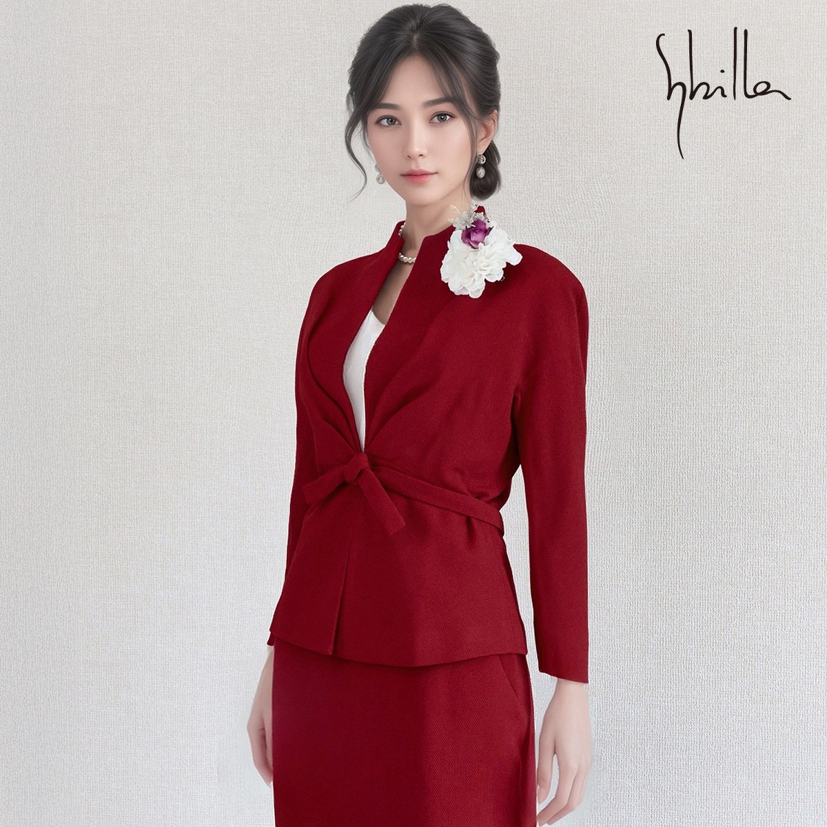 【中古】美品 Sybilla シ散らし広告 お祝い背広 9号 赤 ラグラン衣袂 シュロの葉 タック目論む 合奏団 上衣 マキシスコート セットアップ レディース はいり込む式 卒式 七五三 御芽出度 お祝い ママフォーマル