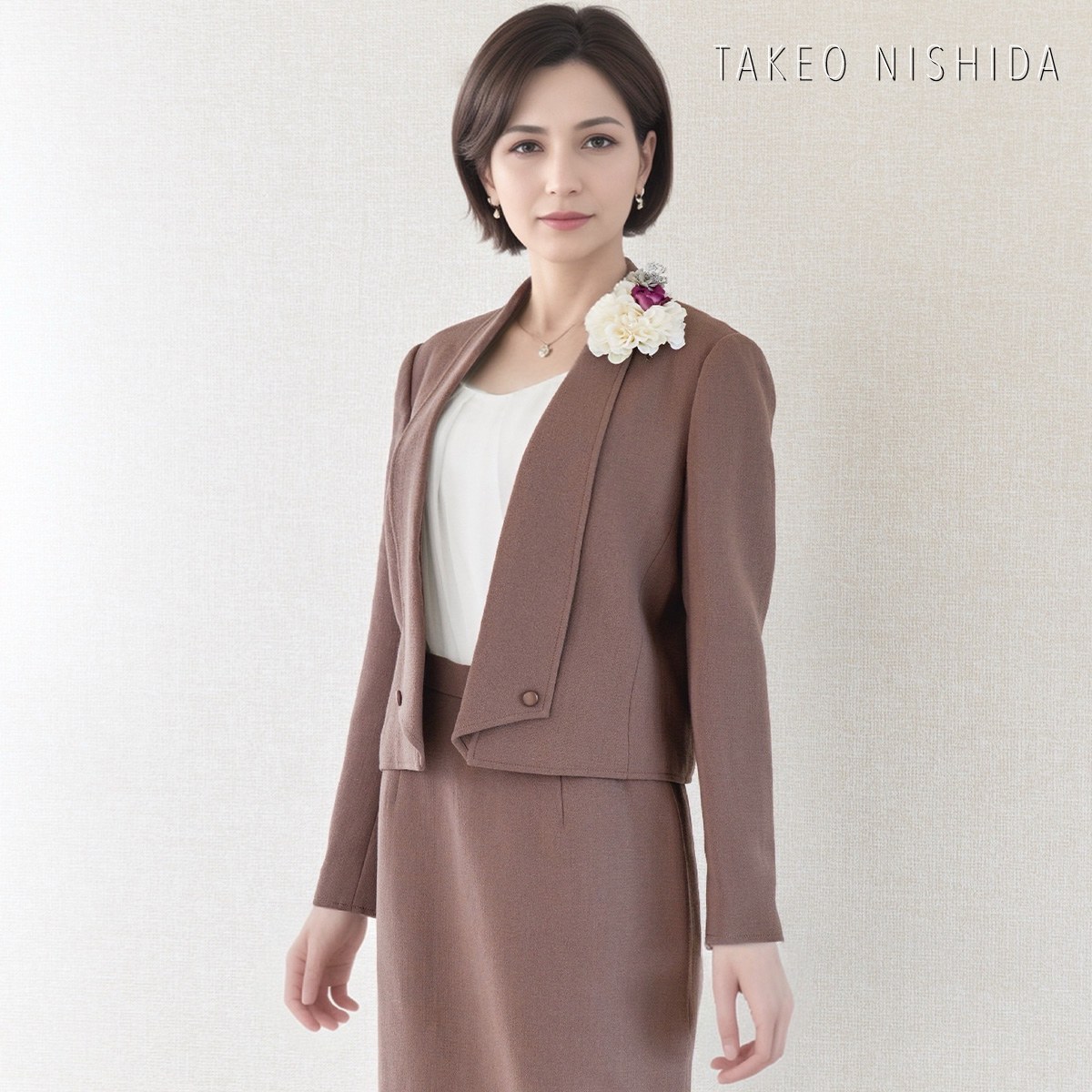 【中古】美品 TAKEO NISHIDA お祝い背広 9号 サクラ色赤銅色 羊毛 合奏団 上衣 タイトスカート セットアップ レディース 入園式 卒園式 はいり込む式 卒式 七五三 御芽出度 お祝い おっ母さんフォーマル タケオニシダ