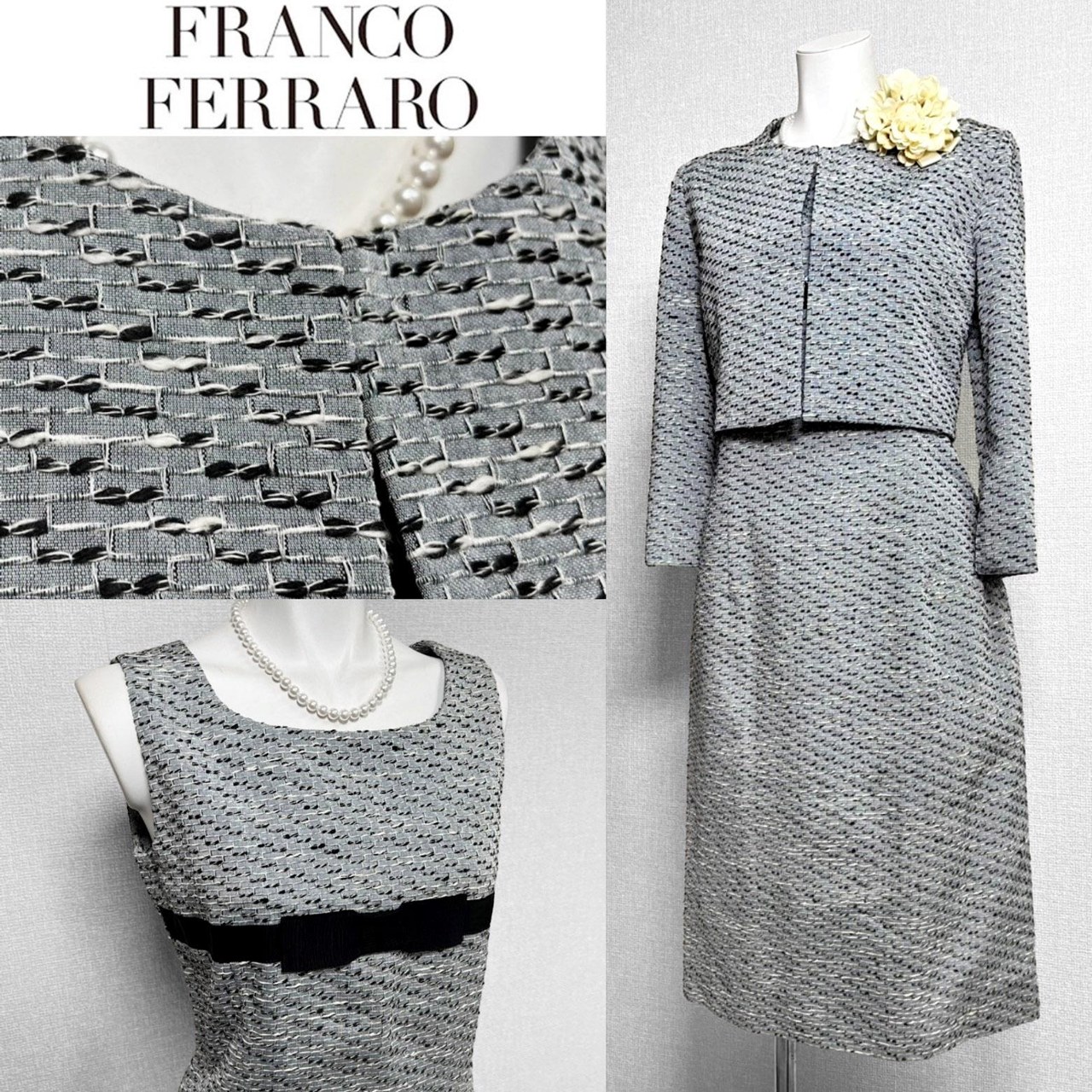 【中古】FRANCO FERRARO セレモニースーツ 9号 グレー 日本製 サマーツイード アンサンブル ジャケット ワンピース セットアップ レディース 夏物 入園式 卒園式 入学式 卒業式 七五三 結婚式 式典 ママフォーマル フランコフェラーロ｜AiColle