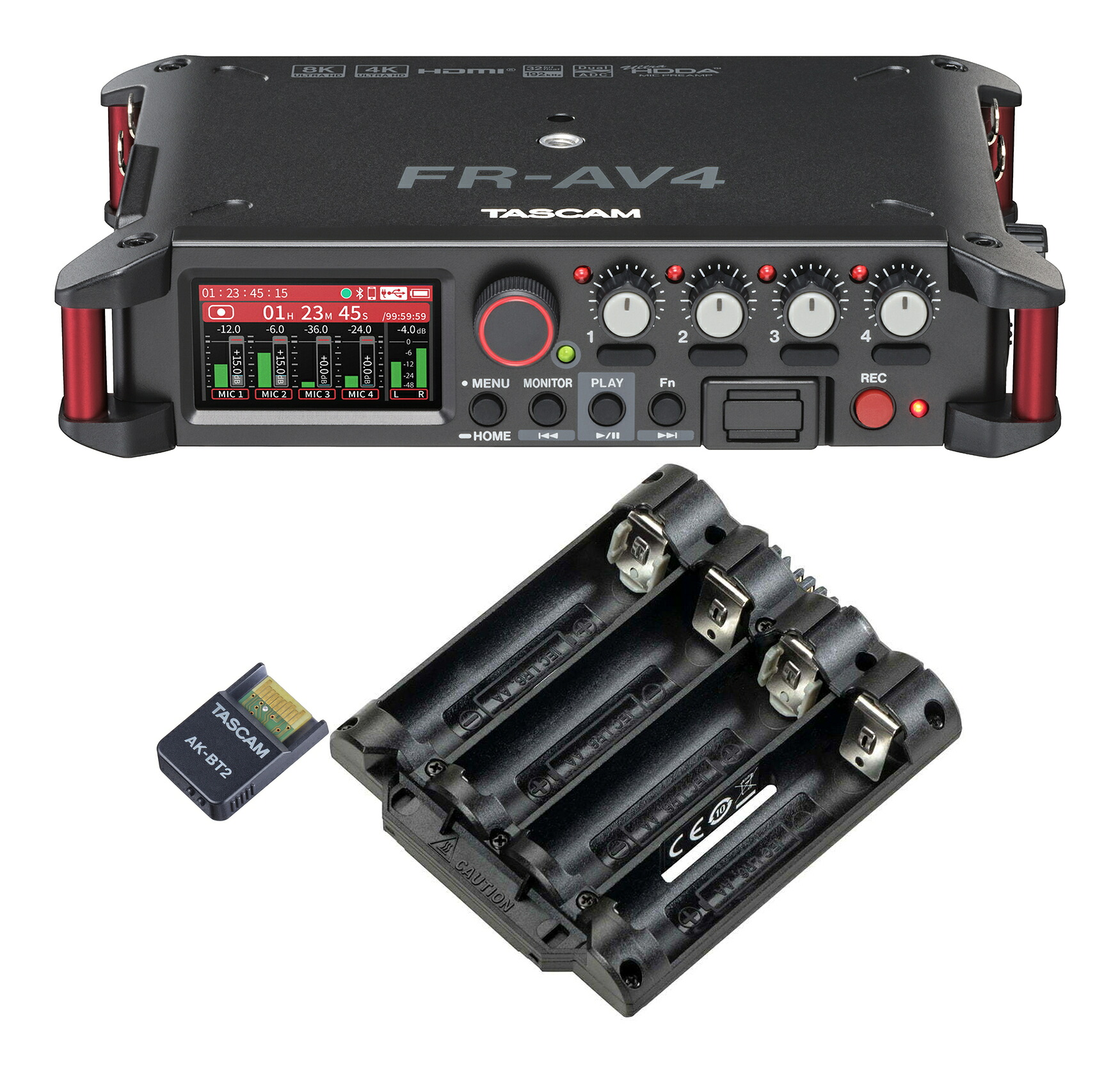 【送料込】TASCAM FR-AV4+AK-BT2+BH-4AA タスカム 32ビットフロート録音 HDMI Sync対応 4chフィールドレコーダー/ミキサー/タイムコードジェネレーター/Bluetoothアダプター+追加バッテリーホルダー付