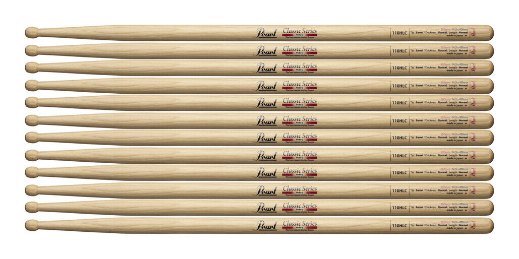 【送料込】【6ペア】Pearl パール 110HLC ヒッコリー ドラムスティック クリアラッカーフィニッシュ [14.5x408]｜愛曲楽器