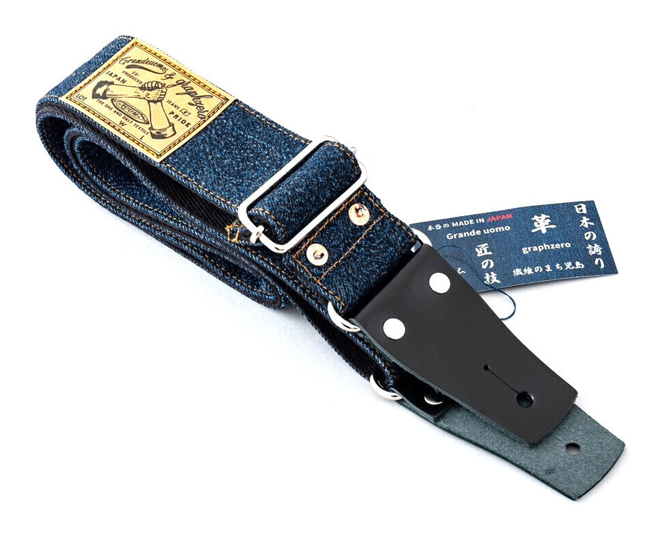 【送料込】Grande uomo デニム ストラップ ペイズリー柄 倉敷デニム使用 ギター ストラップ