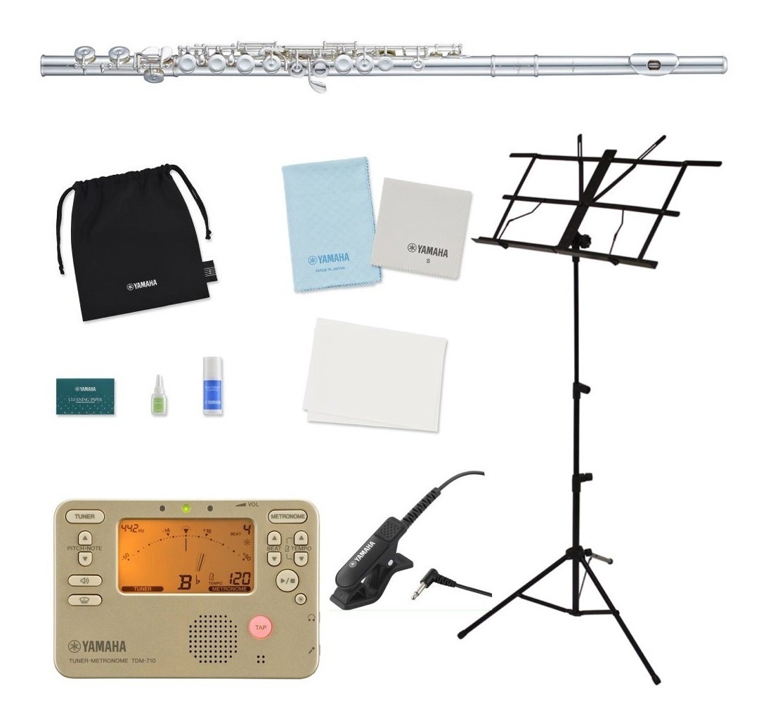 【送料込】Pearl PF-525E/ヤマハお手入れセット+チューナーメトロノーム+コンタクトマイク+譜面台付 Quantz リッププレート&ライザー銀製 エントリーモデル フルート|愛曲楽器