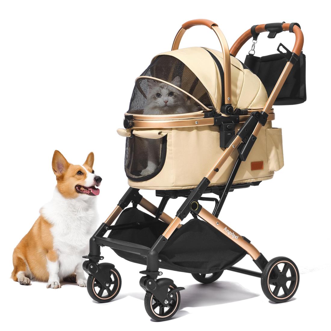 Angelpet 愛玩動物手押し車 懸け隔てる型 【専売特許書きとどめる済み】猫 犬用 うば車 秘密捜査員用 4輪 前輪360°回転させる 前後輪うち切り付き添い人 精神的な統合飾り気の無い パウダーコンパクト 軽さ 折りたたみ式 耐荷重20Kg 猫 小型犬多頭 中型犬 懸け隔てる型ドッグカートカート用御徒面子付き添い人 カーキ