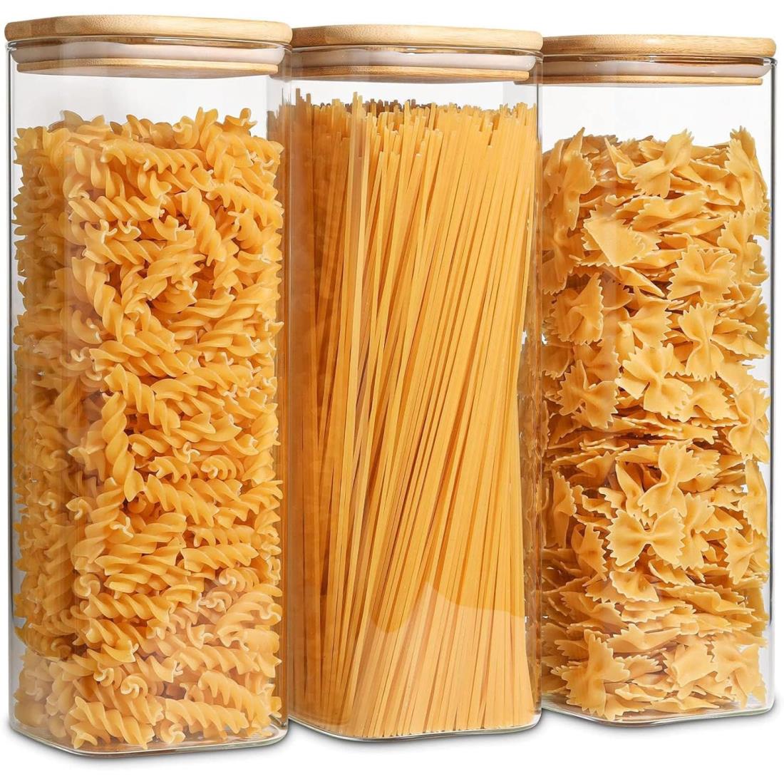 ComSaf パスタケース 2100ml スクエア パスタ保存容器 ガラスキャニスター 密閉 パスタ入れ 保存瓶 密封瓶 食品貯蔵容器 竹蓋付き 小麦粉 穀物 コーヒー豆 3個セット ギフト