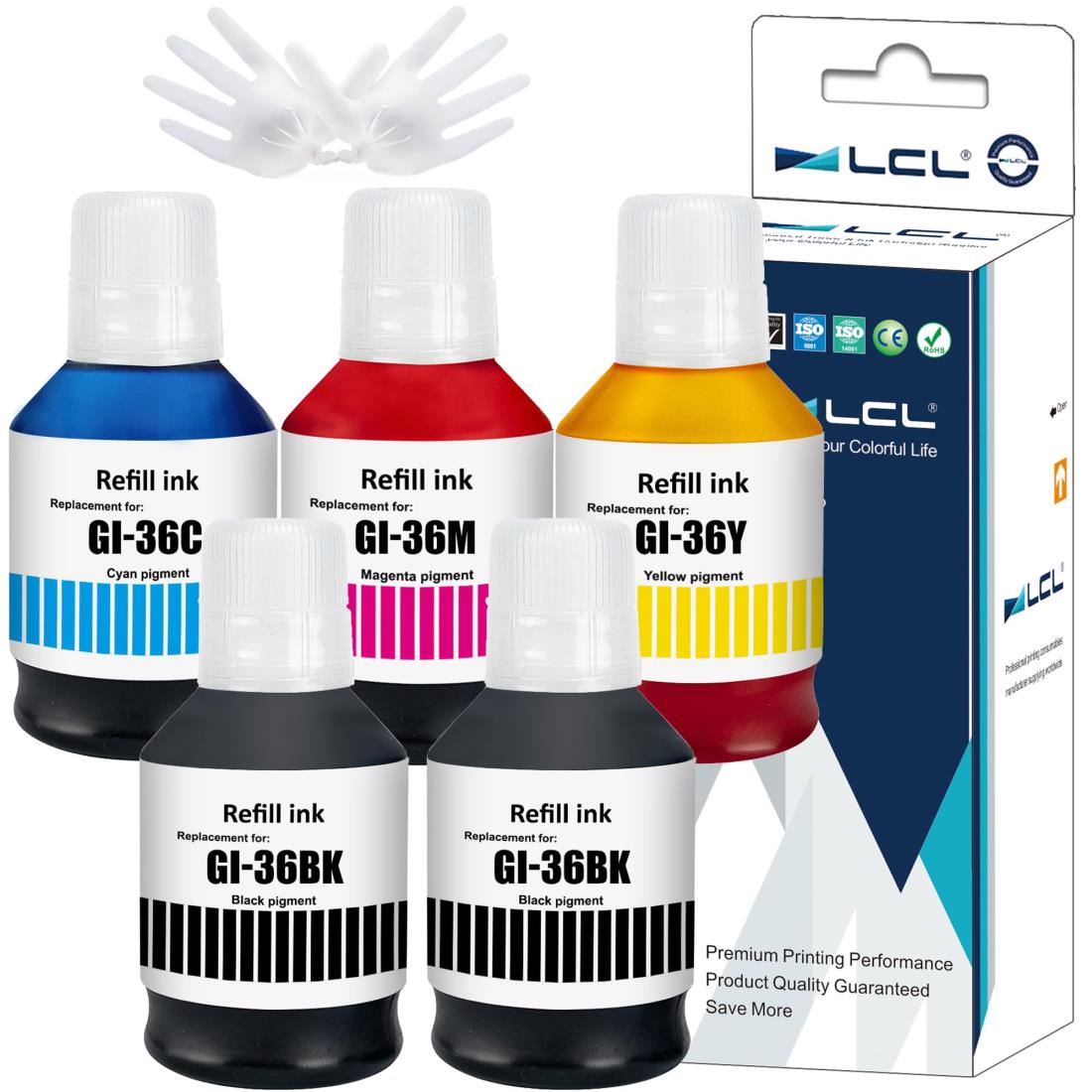 LCL Canon用 キャノン用 GI36 GI-36 BK GI-36BK GI-36C GI-36M GI-36Y (5パック 2BK 顔料 170ML C/M/Y 顔料 135ML) 互換インクボトル 対応機種：MAXIFY GX7030 GX6030 GX5030 GX4030 GX6530 GX5530