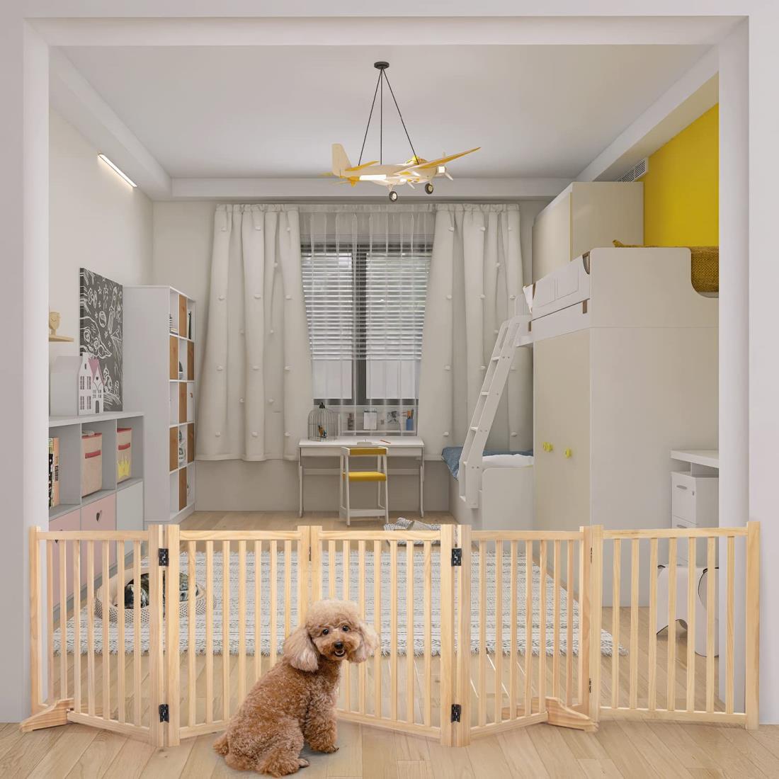 木製犬用ゲートペットフェンス、折り式バリア、ペット用家具フェンス 、安全柵 小型犬 中型犬 脱走防止 ガード 飛び出し防止 多頭飼い ペットガード (高さ43cm、長さ304cm、5つのパネル)｜AILショップ