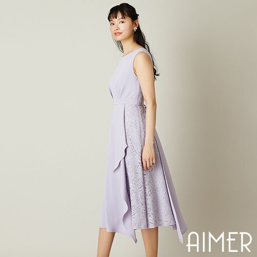 美品 ドレス 特別価格1 17 23 59まで Aimer サテン レース Aimer 日本製 Aimer 送料無料 上品 二次会 結婚式 お呼ばれ 紺 ひざ丈 レディースファッション ゲスト パーティ ワンピース フォーマル パーティードレス ラッフルワンピースドレス エメ Www Dgb Gov Bf