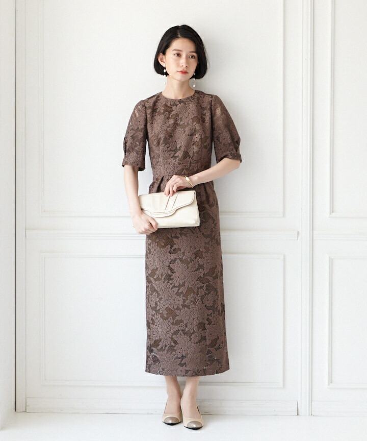 正規激安 Web限定サイズ ジャカードレース袖付きタイトドレス エメ パーティードレス 結婚式 ビジネスドレス ワンピース 袖付きs タイトシルエット 22 05おすすめドレス 総レース L ｍ