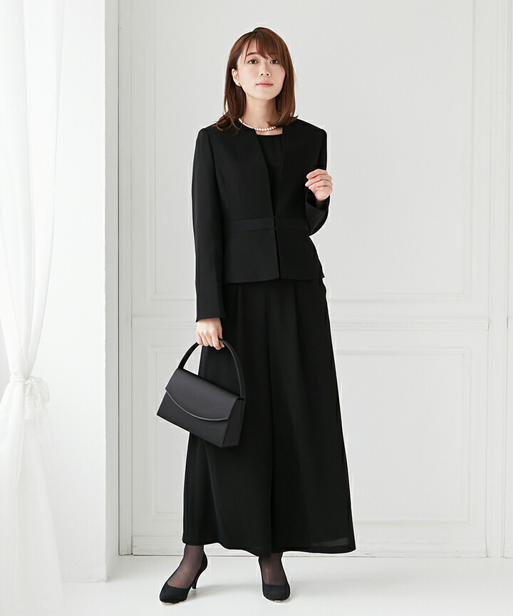 【最大2000円クーポン&PT10倍★5/2701:59まで】【喪服・礼服】ノーカラージャケット、ペプラムトップス、ワイドパンツの3点アンサンブルワイドパンツパンツスタイルエメaimer冠婚葬祭黒ブラック喪服パンツ喪服ブラックフォーマル