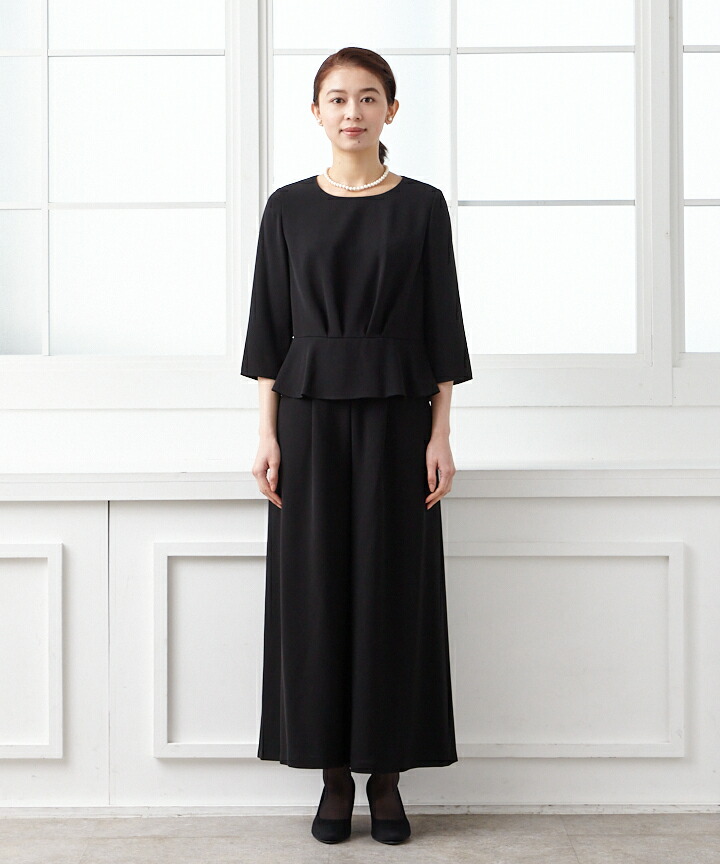 【最大2000円クーポン&PT10倍★5/2701:59まで】【喪服・礼服】ノーカラージャケット、ペプラムトップス、ワイドパンツの3点アンサンブルワイドパンツパンツスタイルエメaimer冠婚葬祭黒ブラック喪服パンツ喪服ブラックフォーマル