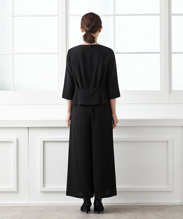 【WEB限定】【SALE】【喪服・礼服】ワイドパンツアンサンブル3点セット(ノーカラージャケット・ペプラムトップス・ワイドパンツ)【冠婚葬祭レディースブラックフォーマルAIMERエメaimer】【SS喪服】