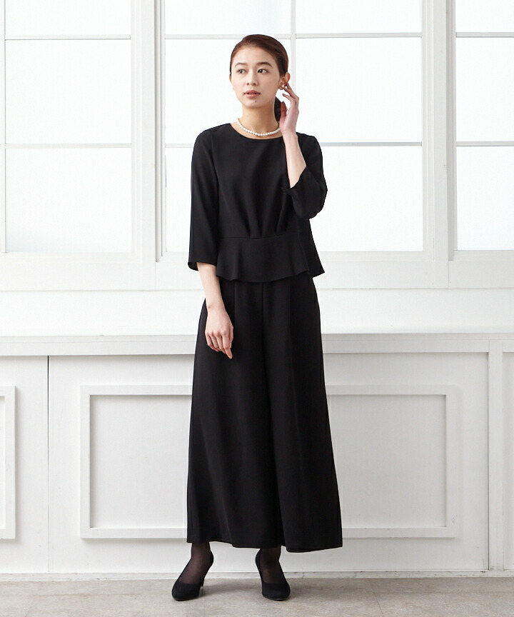 【最大2000円クーポン&PT10倍★5/2701:59まで】【喪服・礼服】ノーカラージャケット、ペプラムトップス、ワイドパンツの3点アンサンブルワイドパンツパンツスタイルエメaimer冠婚葬祭黒ブラック喪服パンツ喪服ブラックフォーマル