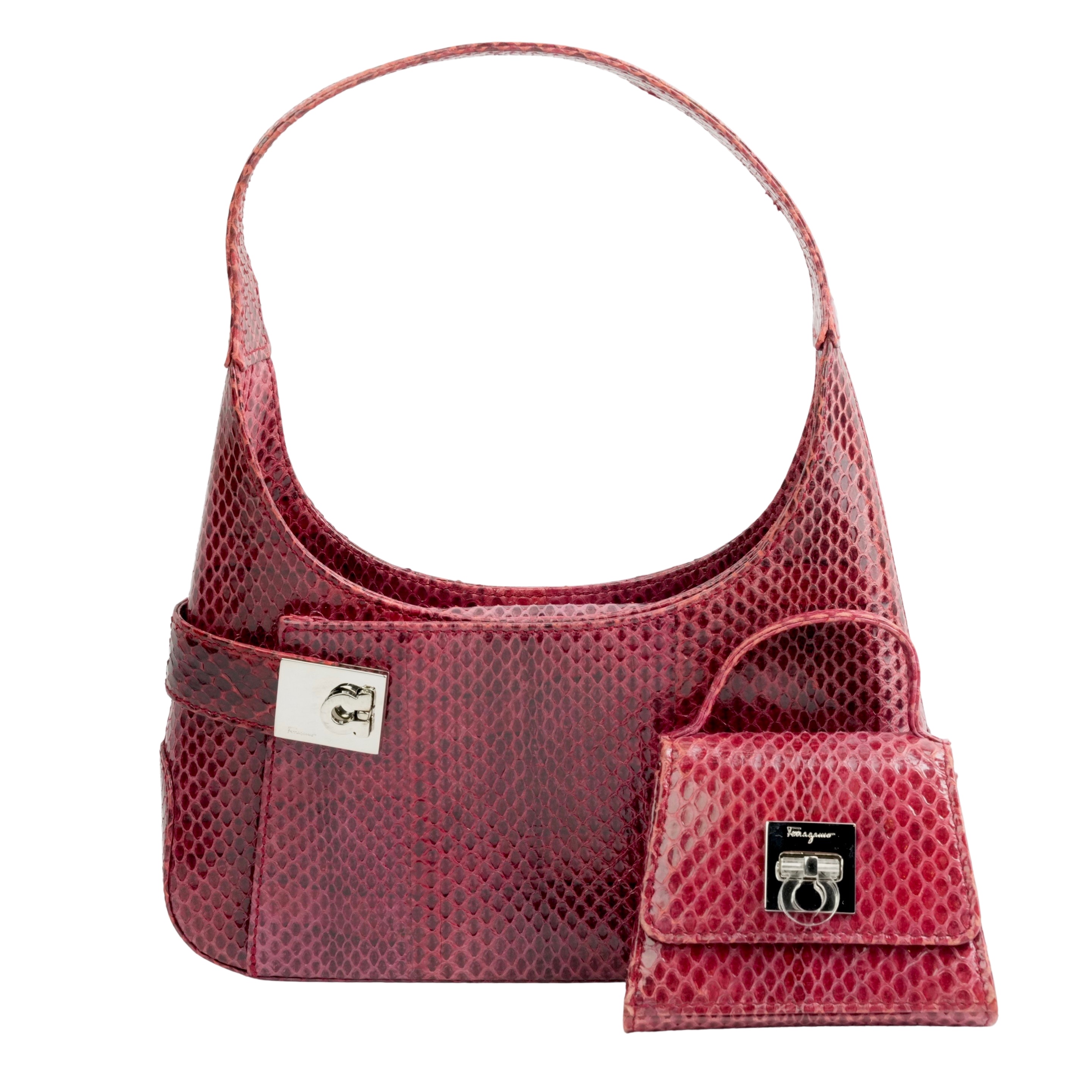 【中古・VINTAGE】 SALVATORE FERRAGAMO サルヴァトーレフェラガモ 超レア リザード 親子 ハンドバッグ レザー レッド シルバー金具 ヴィンテージ Ultra Rare Lizard Leather Parent-Child Bag