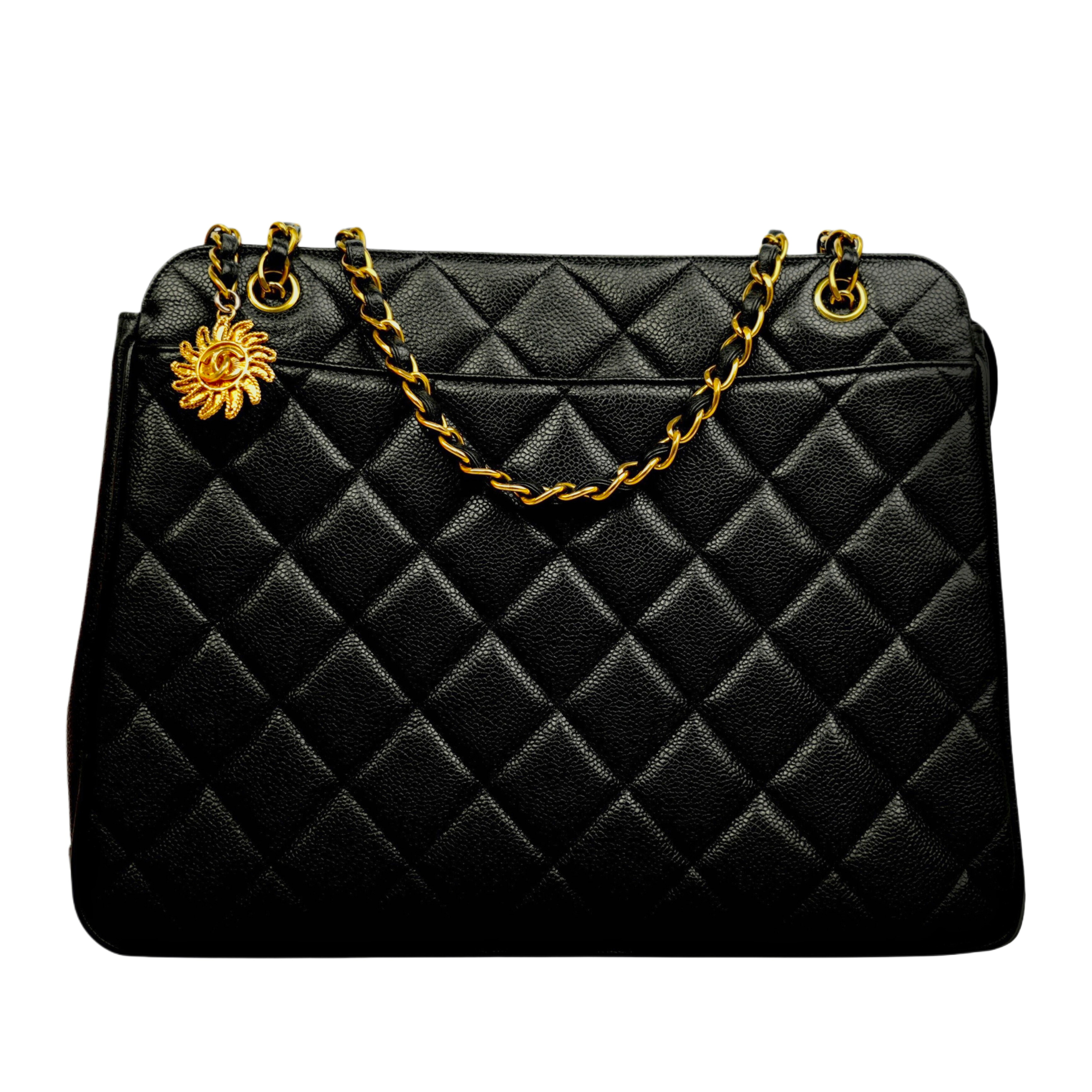 【中古・VINTAGE】 CHANEL シャネル ココマーク サンモチーフチャーム チェーン トートバッグ/ショルダーバッグ ブラック 金具ゴールド レザー ヴィンテージ Coco Mark Sun Motif Charm Chain