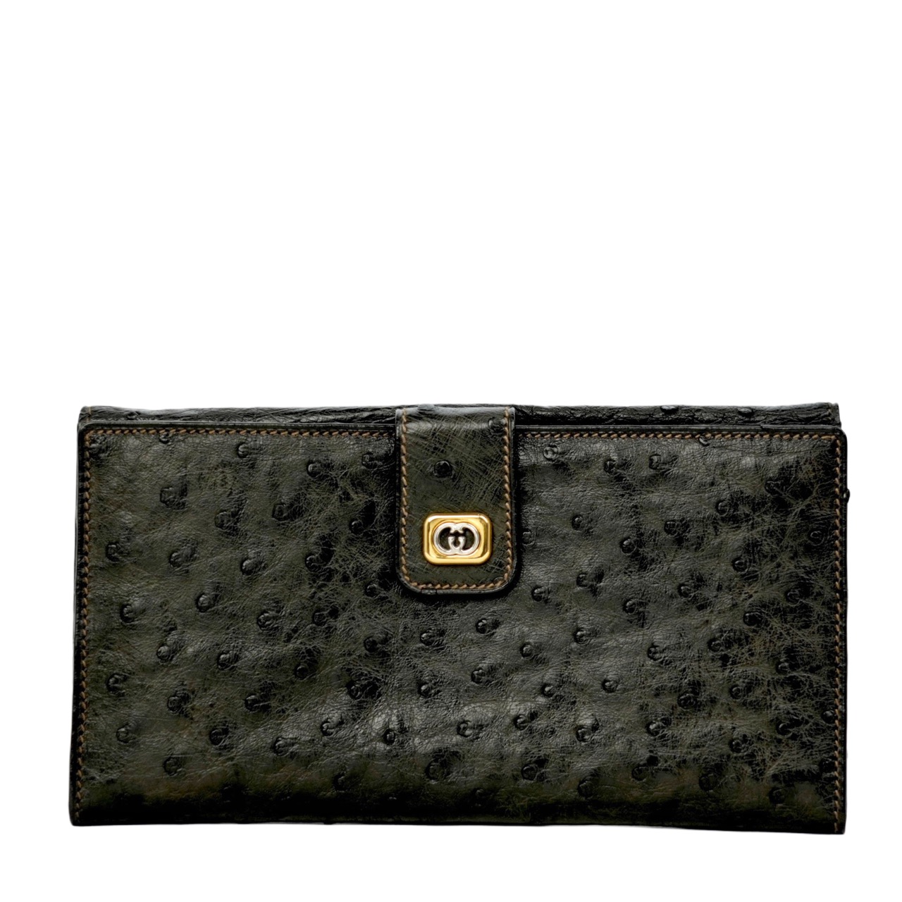 【中古・VINTAGE】GUCCI グッチ 鴕鳥 長紙入れ 黒いこと ゴールド ヴィンテージ Ostrich Long Wallet